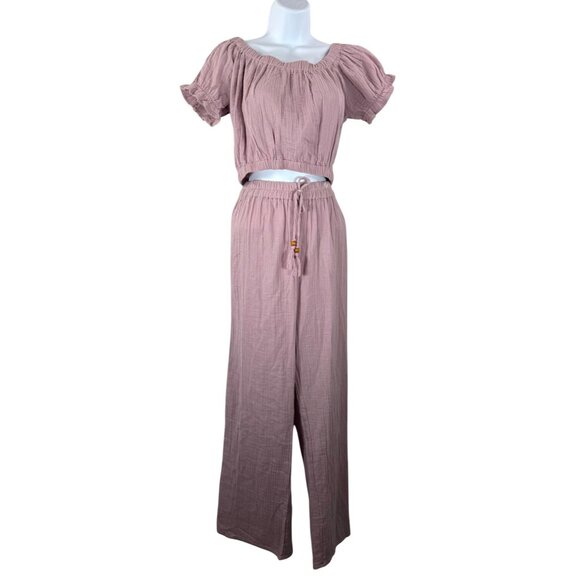 Salty Lemon Gauzy‎ crop top and wide pants set lilac beachy sz L - Picture 1 of 9